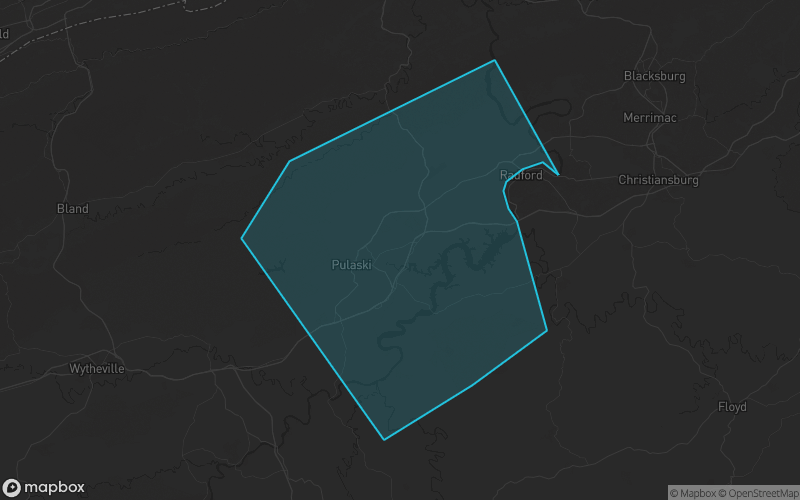 Map of Pulaski County, Virginia showing the county boundary and surrounding cities