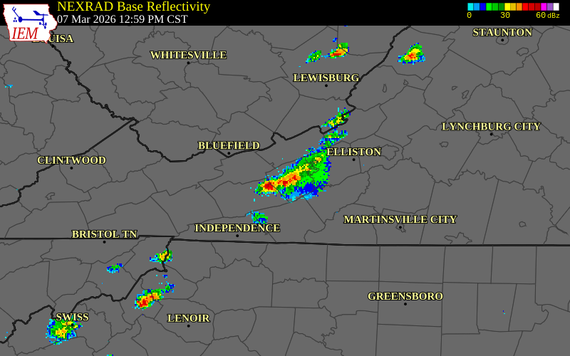 NEXRAD radar during the Saturday, March 7, 2026 storm activity in Pulaski County, Virginia