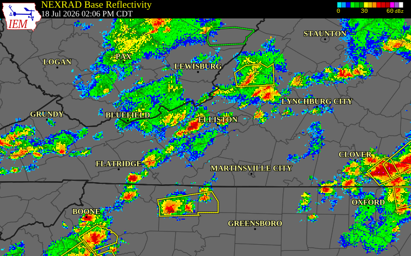 NEXRAD radar during the Saturday, July 18, 2026 storm activity in Pulaski County, Virginia