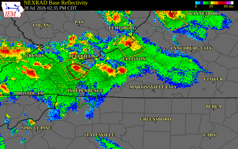 NEXRAD radar during the Tuesday, July 28, 2026 storm activity in Pulaski County, Virginia