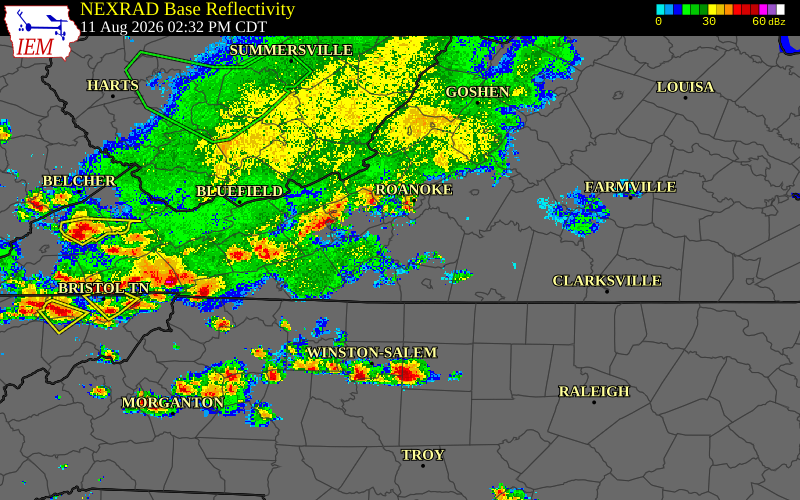Radar snapshot during the Aug 11, 2026 wind event near Pulaski County, Pulaski County, Virginia, with NWS warning polygons