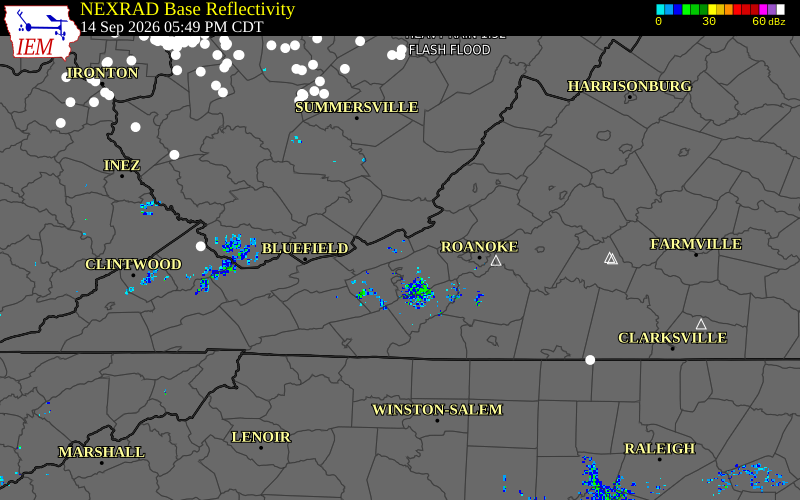 Current NEXRAD radar over Pulaski County, Virginia with recent storm report locations
