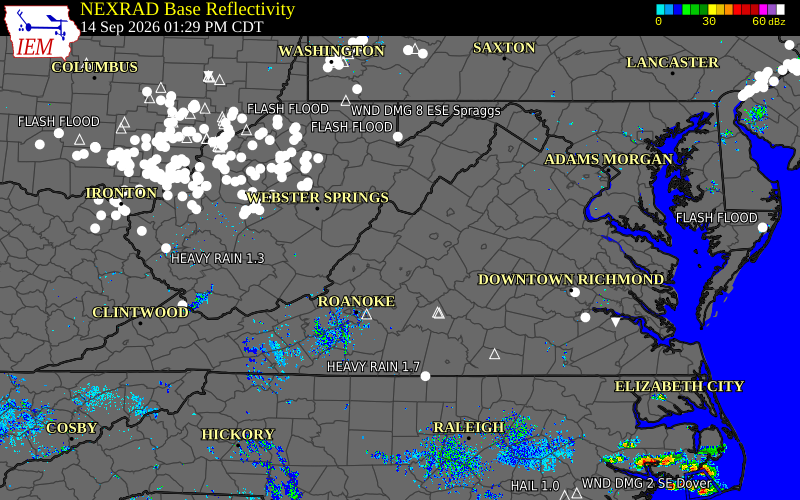 Current NEXRAD radar across Virginia with recent storm report locations