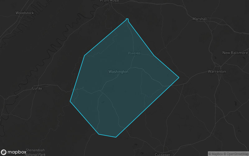 Map of Rappahannock County, Virginia showing the county boundary and surrounding cities