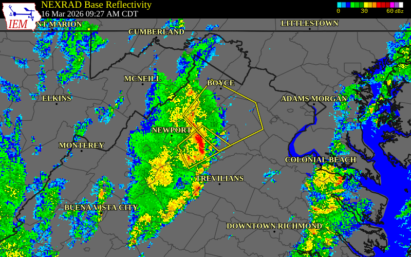 NEXRAD radar during the Monday, March 16, 2026 storm activity in Rappahannock County, Virginia