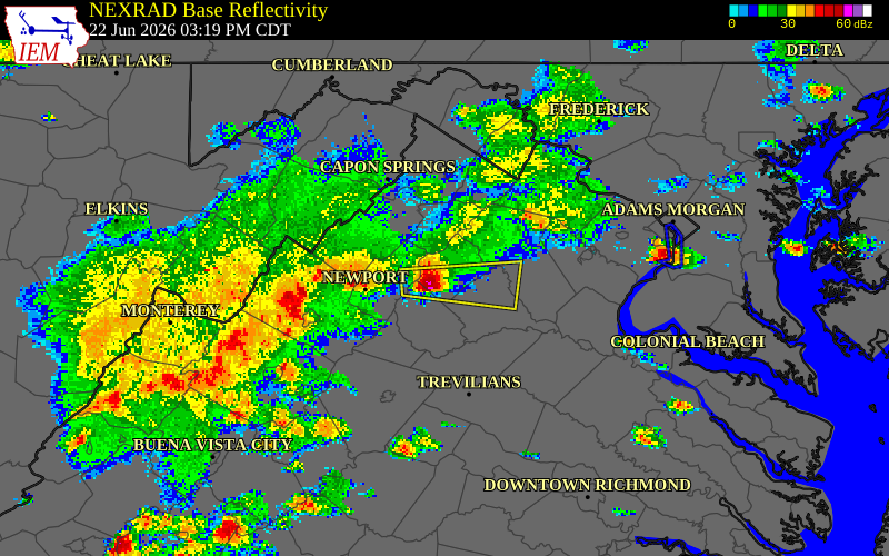 NEXRAD radar during the Monday, June 22, 2026 storm activity in Rappahannock County, Virginia