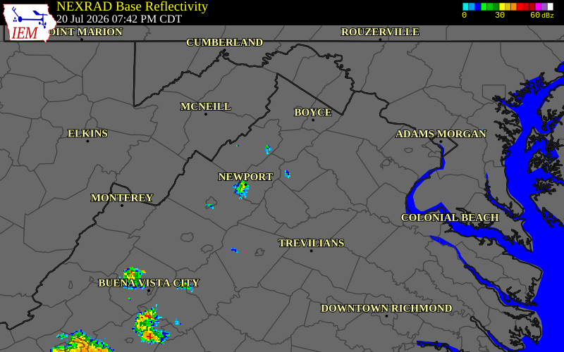 NEXRAD radar during the Monday, July 20, 2026 storm activity in Rappahannock County, Virginia