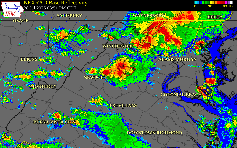 NEXRAD radar during the Tuesday, July 28, 2026 storm activity in Rappahannock County, Virginia