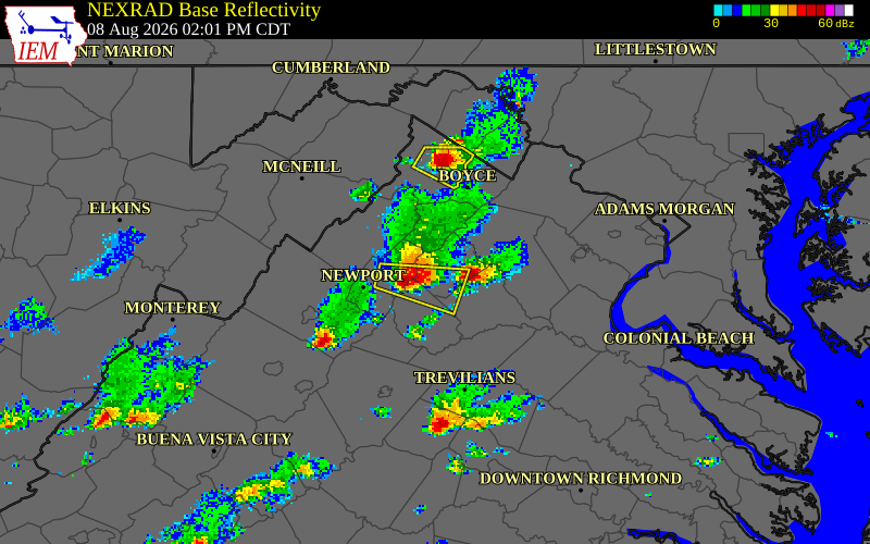 NEXRAD radar during the Saturday, August 8, 2026 storm activity in Rappahannock County, Virginia