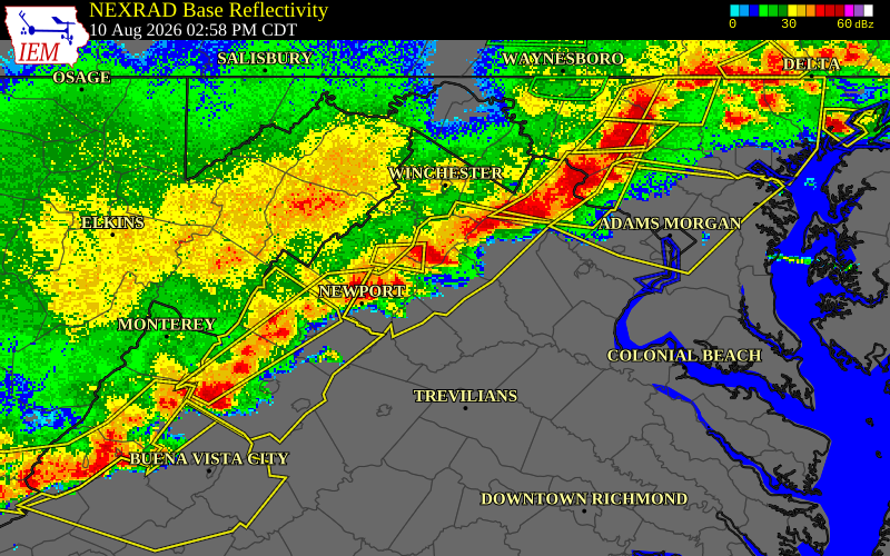 NEXRAD radar during the Monday, August 10, 2026 storm activity in Rappahannock County, Virginia