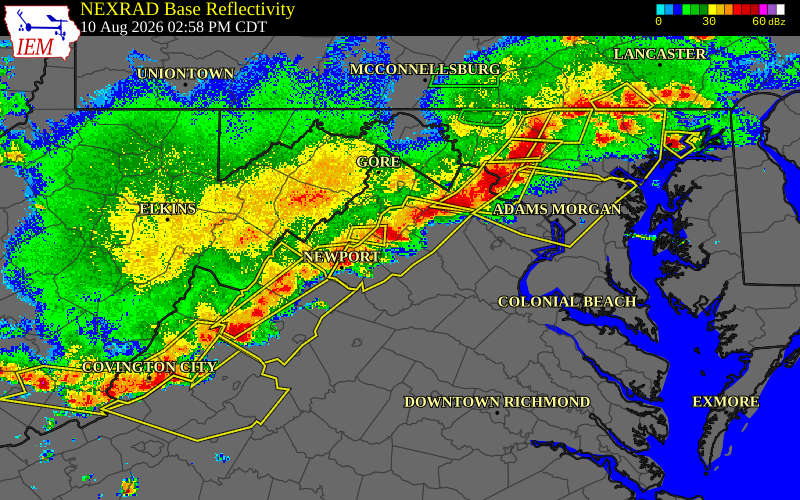 Radar snapshot during the Aug 10, 2026 wind event near 1 W Washington, Rappahannock County, Virginia, with NWS warning polygons