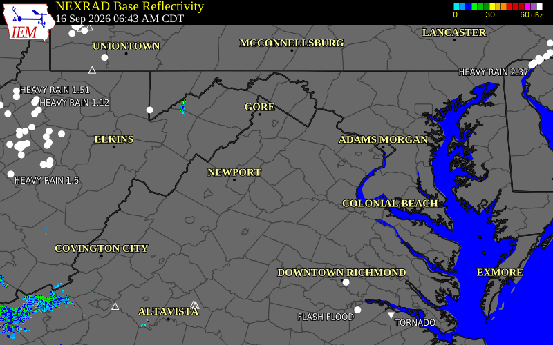 Current NEXRAD radar over Rappahannock County, Virginia with recent storm report locations