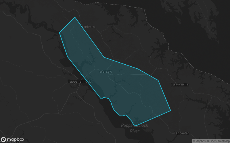 Map of Richmond County, Virginia showing the county boundary and surrounding cities