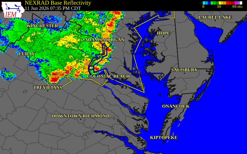 NEXRAD radar during the Thursday, June 11, 2026 storm activity in Richmond County, Virginia