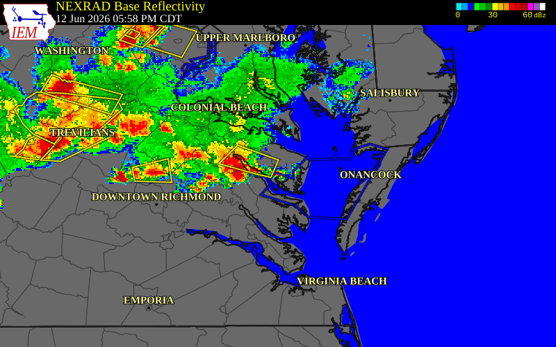 NEXRAD radar during the Friday, June 12, 2026 storm activity in Richmond County, Virginia