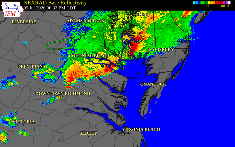 NEXRAD radar during the Thursday, July 9, 2026 storm activity in Richmond County, Virginia