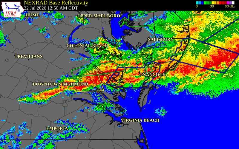 NEXRAD radar during the Wednesday, July 22, 2026 storm activity in Richmond County, Virginia