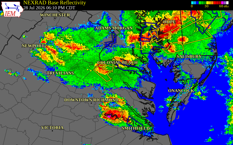 NEXRAD radar during the Tuesday, July 28, 2026 storm activity in Richmond County, Virginia