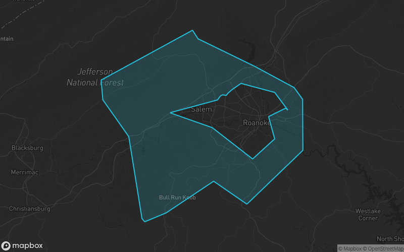 Map of Roanoke County, Virginia showing the county boundary and surrounding cities