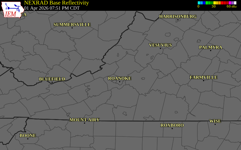 NEXRAD radar during the Wednesday, April 1, 2026 storm activity in Roanoke County, Virginia