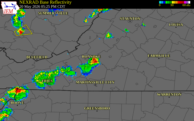 NEXRAD radar during the Wednesday, May 20, 2026 storm activity in Roanoke County, Virginia