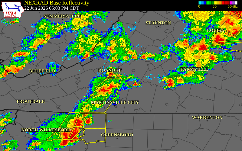NEXRAD radar during the Monday, June 22, 2026 storm activity in Roanoke County, Virginia