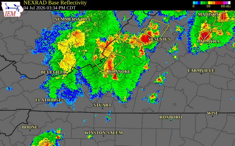 NEXRAD radar during the Saturday, July 4, 2026 storm activity in Roanoke County, Virginia