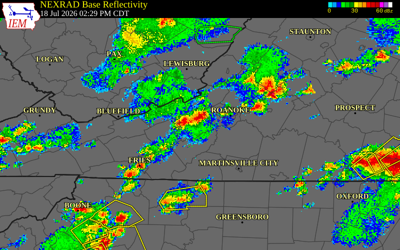 NEXRAD radar during the Saturday, July 18, 2026 storm activity in Roanoke County, Virginia