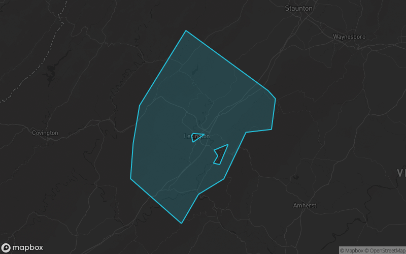 Map of Rockbridge County, Virginia showing the county boundary and surrounding cities