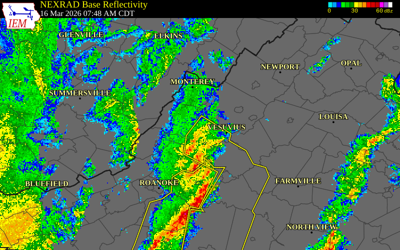 NEXRAD radar during the Monday, March 16, 2026 storm activity in Rockbridge County, Virginia