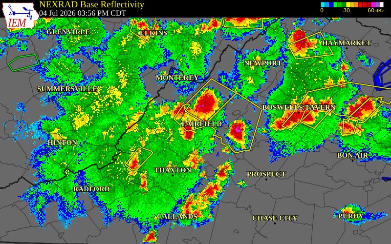 NEXRAD radar during the Saturday, July 4, 2026 storm activity in Rockbridge County, Virginia