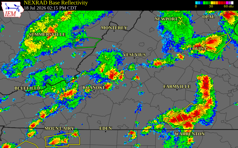 NEXRAD radar during the Saturday, July 18, 2026 storm activity in Rockbridge County, Virginia