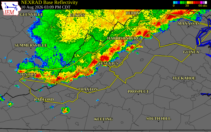 NEXRAD radar during the Monday, August 10, 2026 storm activity in Rockbridge County, Virginia