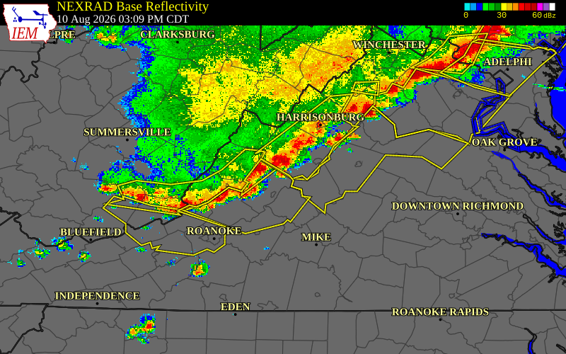 Radar snapshot during the Aug 10, 2026 wind event near 3 NE Fairfield, Rockbridge County, Virginia, with NWS warning polygons