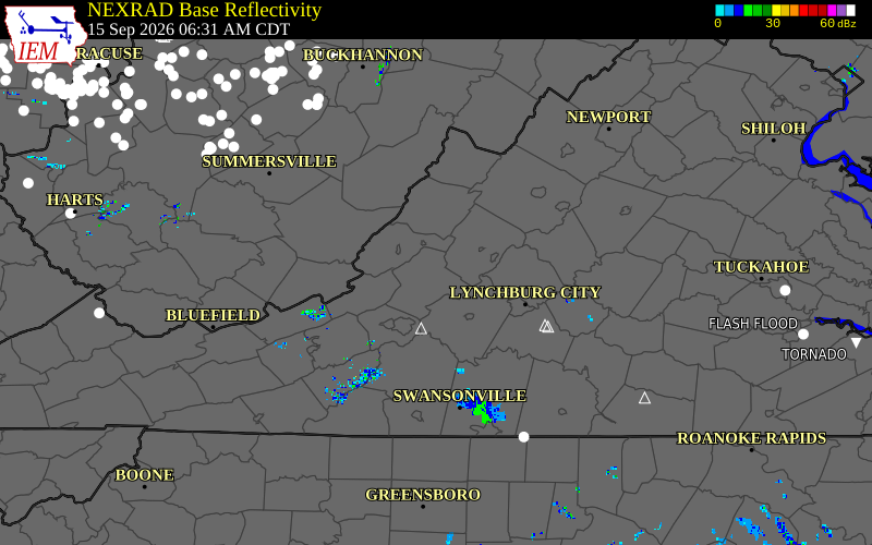 Current NEXRAD radar over Rockbridge County, Virginia with recent storm report locations