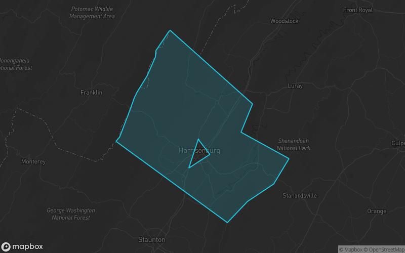 Map of Rockingham County, Virginia showing the county boundary and surrounding cities