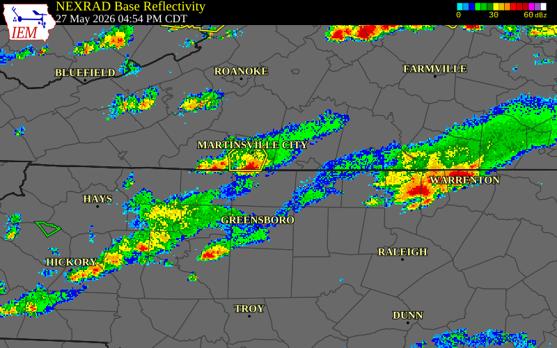 NEXRAD radar during the Wednesday, May 27, 2026 storm activity in Rockingham County, Virginia