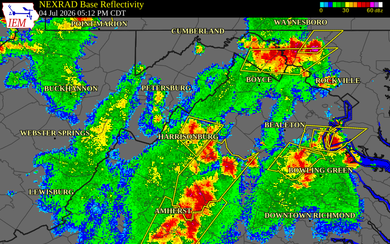 NEXRAD radar during the Saturday, July 4, 2026 storm activity in Rockingham County, Virginia