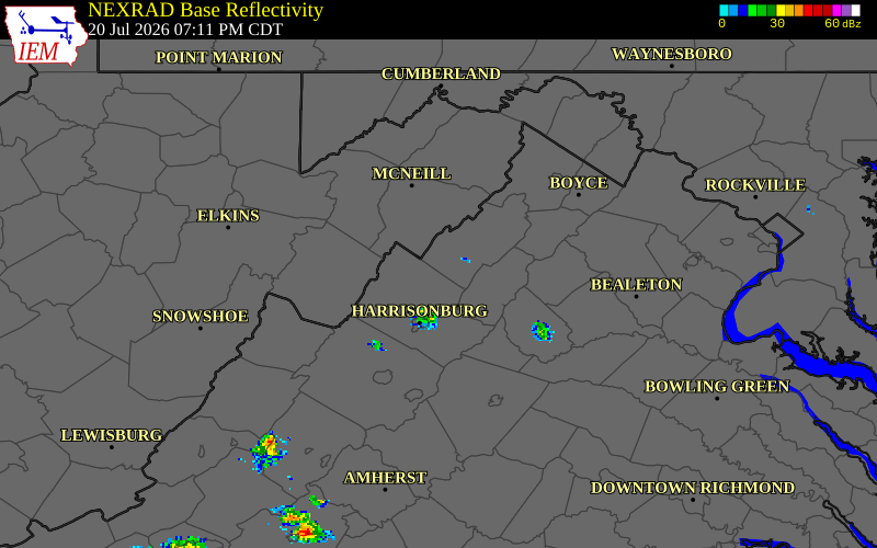 NEXRAD radar during the Monday, July 20, 2026 storm activity in Rockingham County, Virginia