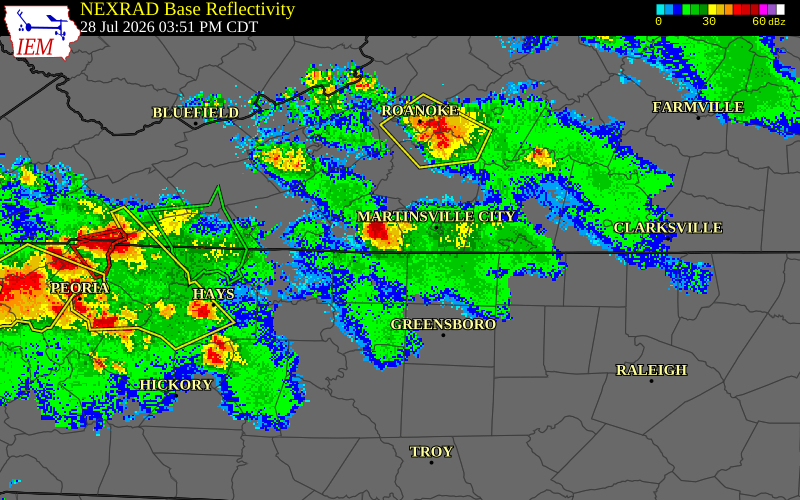 NEXRAD radar during the Tuesday, July 28, 2026 storm activity in Rockingham County, Virginia