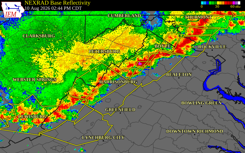 NEXRAD radar during the Monday, August 10, 2026 storm activity in Rockingham County, Virginia