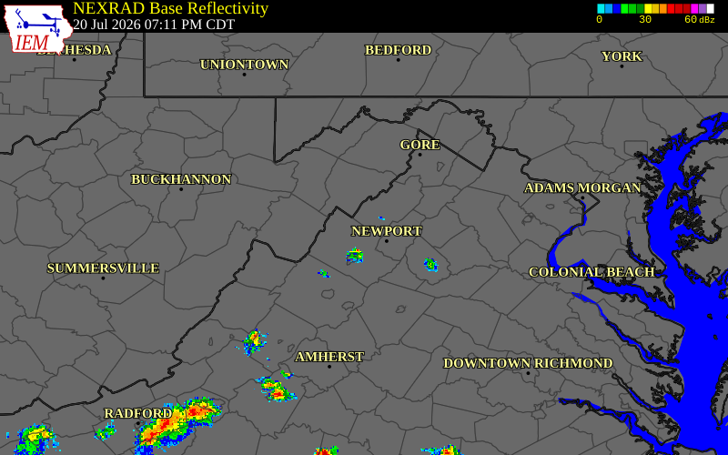 Radar snapshot during the Jul 20, 2026 tornado event near 3 N Timberville, Rockingham County, Virginia, with NWS warning polygons
