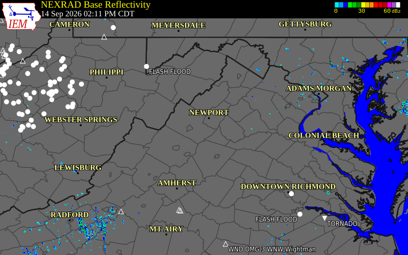 Current NEXRAD radar over Rockingham County, Virginia with recent storm report locations