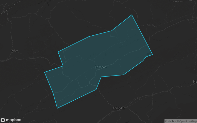 Map of Russell County, Virginia showing the county boundary and surrounding cities