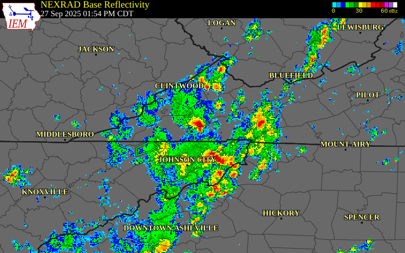 NEXRAD radar during the Saturday, September 27, 2025 storm activity in Russell County, Virginia
