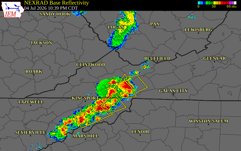 NEXRAD radar during the Saturday, July 4, 2026 storm activity in Russell County, Virginia