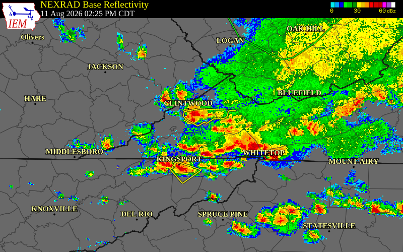 NEXRAD radar during the Tuesday, August 11, 2026 storm activity in Russell County, Virginia