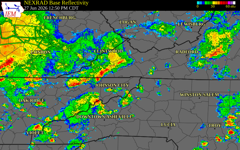 Radar snapshot during the Jun 27, 2026 wind event near Russell County, Russell County, Virginia, with NWS warning polygons