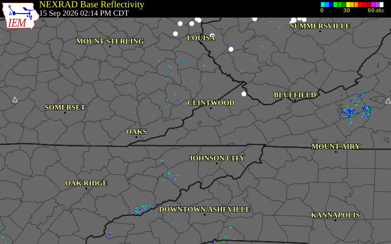Current NEXRAD radar over Russell County, Virginia with recent storm report locations