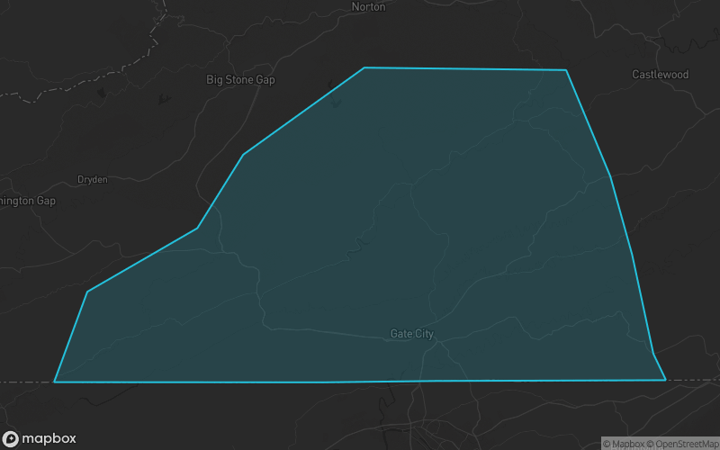 Map of Scott County, Virginia showing the county boundary and surrounding cities